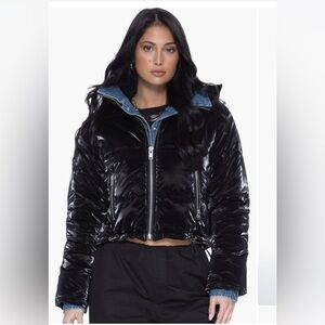 BLUE REVIVAL In The Mix Denim Shiny Puffer Jacket in  Black / Denim NWT